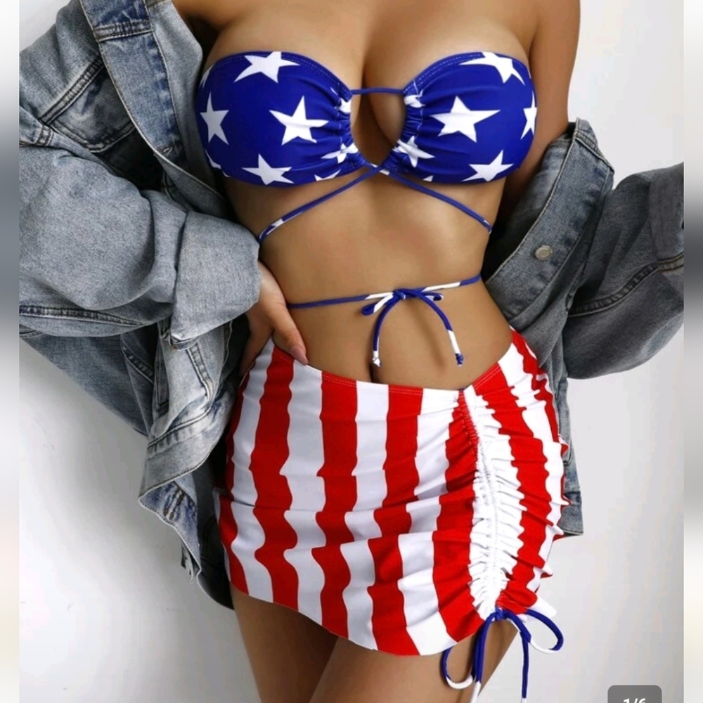 Stars & Stripes Bikini Set with Ruched Mini Skirt
